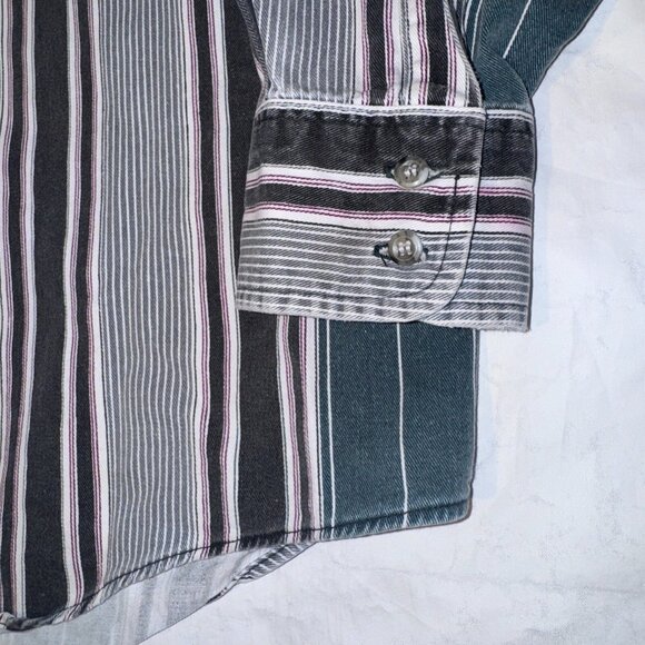 Vintage 90s Frontier Series Green Striped Western Shirt XL Long Sleeve Button Up - Picture 3 of 6